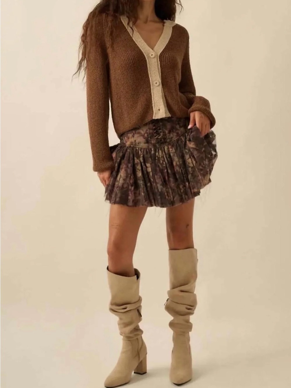 Floral Ruffle Mini Skort in Brown